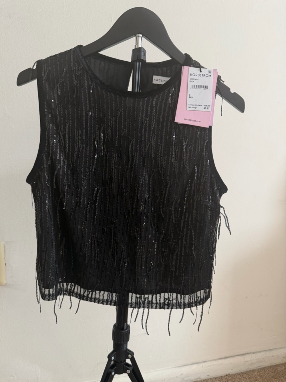 Avec Les Filles Black Beaded Fringe Sleeveless Top